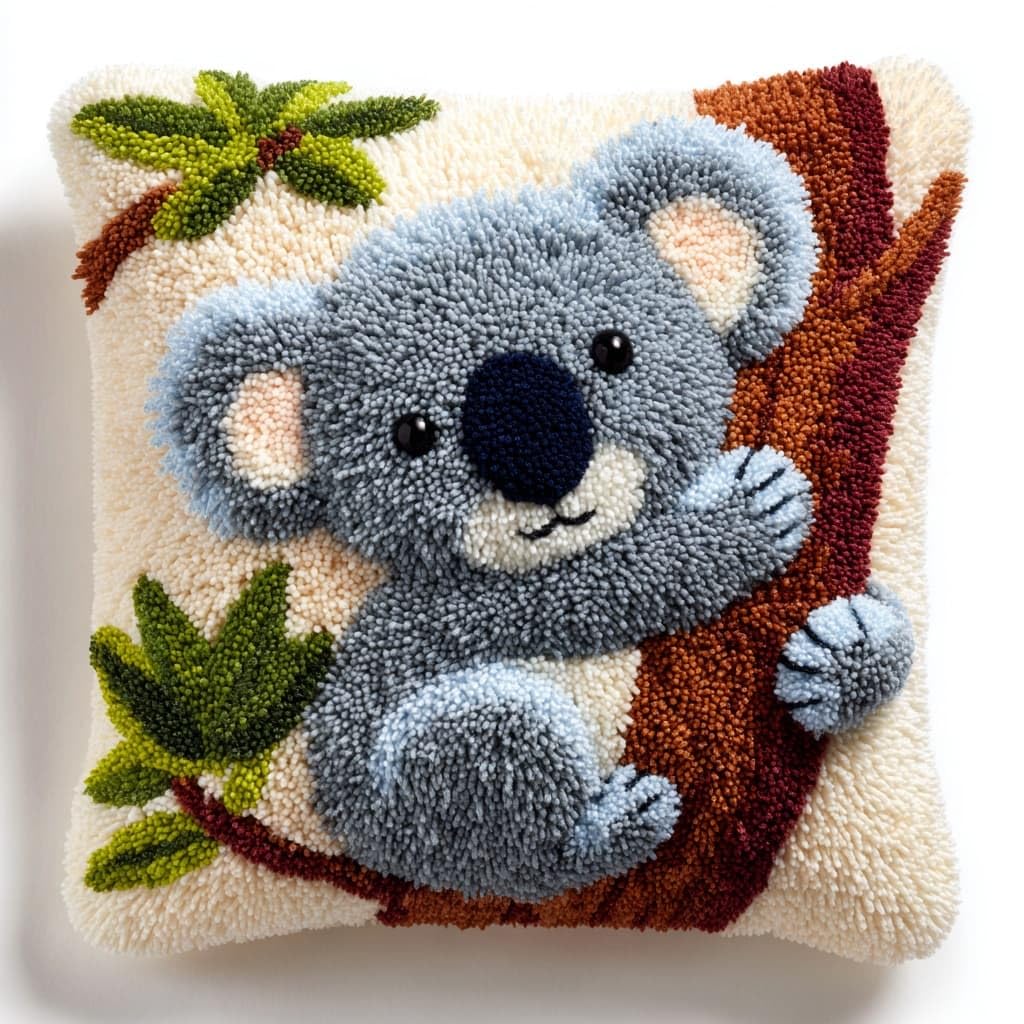 Taxpy Latch Hook Kits, Koala Pillow Cover DIY Crochet Hook Cushion Rug Making Kits with Printed Pattern Canvas Needlework Hooking Adorment 43x43cm