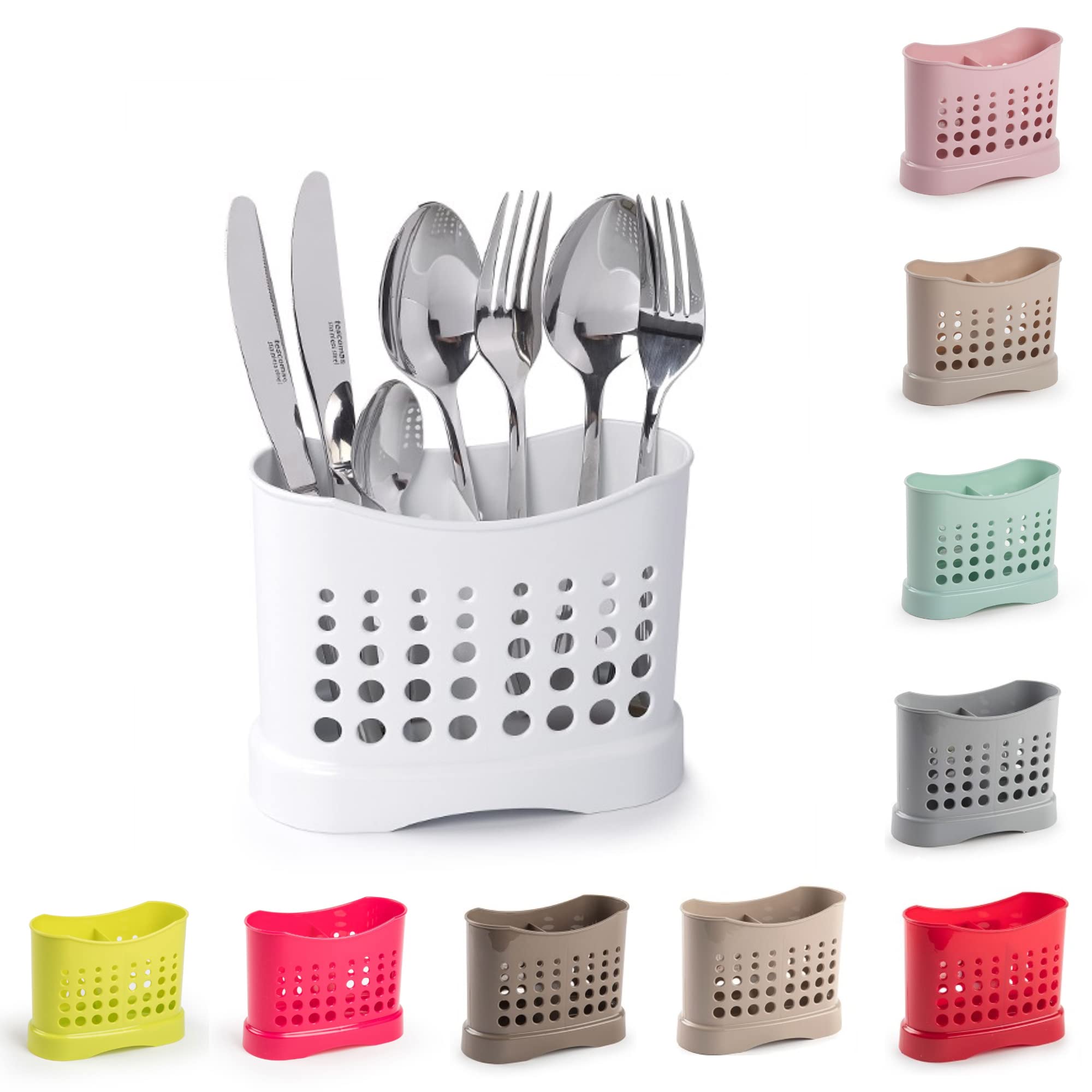 2 Compartments High Grade Plastic Sink Tidy Cutlery Drainer Caddy Holder, Utensil Drainer for Home and Kitchen Rustproof Store Washed Cutlery Utensils (White - Design 1)