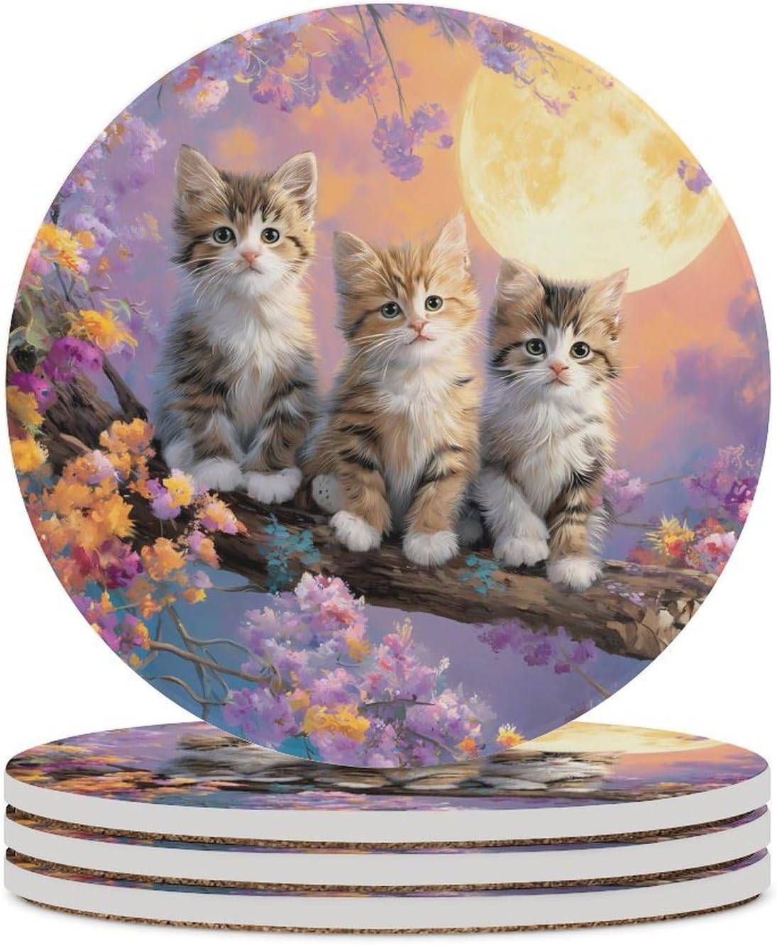Cute Cats and Moon Funny Round Ceramic Coasters for Drink Absorbent Cup Holders Tabletop Protection