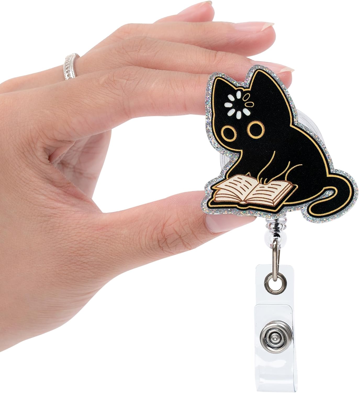 Cute Black Cat Reading Book Badge Reel Retractable – Funny Book Lover ID Badge Holder for Teacher, Librarian, Student with Alligator Clip & 24" Nylon Cord image 2