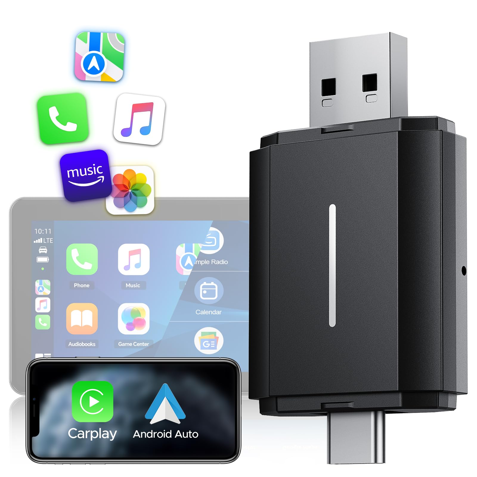 Lamto Adattatore Carplay Wireless 2 in 1 Per A-pple Carplay & Android Auto, Dongle Carplay Wireles Converte Carplay Android Auto Cablato di Fabbrica Senza Fili, Facile da Usare, iOS 10+ & Android 11+