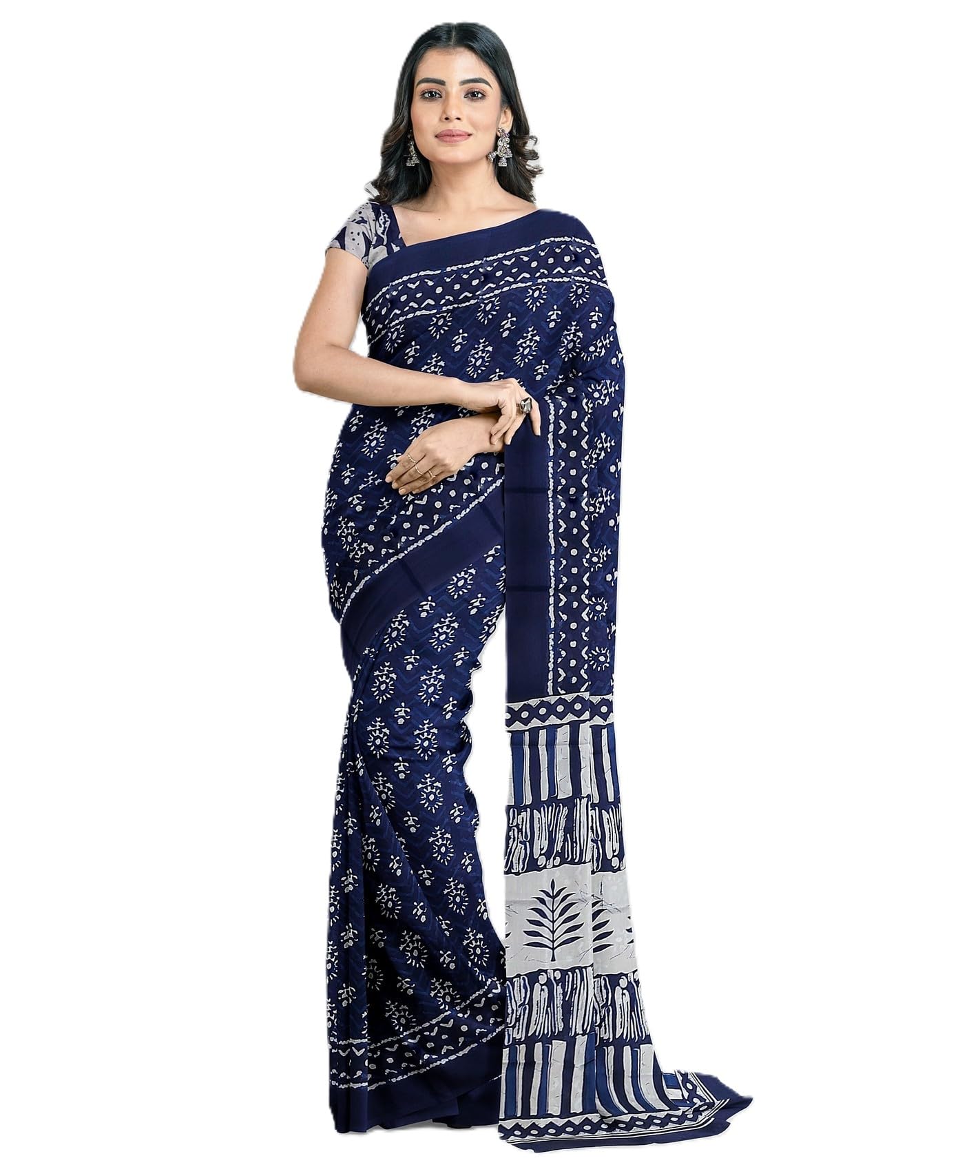 Saree Wala | Women's Designer Batik Print Ajrakh Style Cotton Saree | Ajrak Style Printed Lightweight Casual Saree with matching Unstitched Blouse Piece | Daily Wear Ethnic Saree (Indigo Blue)-picture-49