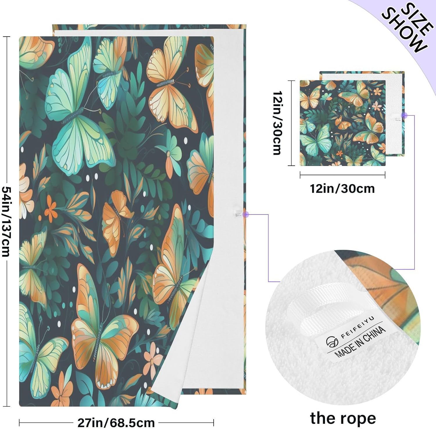 Hand Towels Premium Soft and Highly Absorbent Green Dreamy Butterfly 2 Pcs Towels for Bathroom Set 100% Cotton Decorative Face Towels