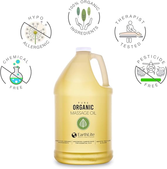 EARTHLITE Pure Organic Massage Oil - Chemical Free, 100% Certified Organic, High Quality for Therapists & Clients, Unscented, 8 oz