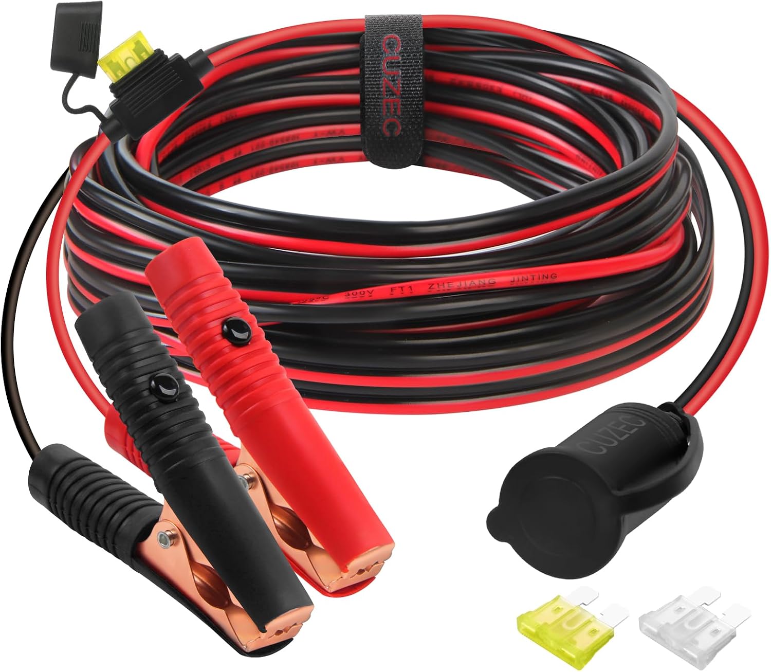 CUZEC 12V/ 24V Extension Cord Plug Socket with Battery Clamp 14FT / 4.27m 14 AWG Battery Clip-On and Cigarette Lighter Adapter