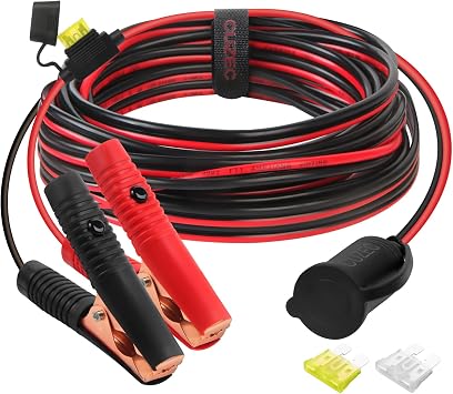 CUZEC 12V/ 24V Extension Cord Plug Socket with Battery Clamp 14FT / 4.27m 14 AWG Battery Clip-On and Cigarette Lighter Adapter