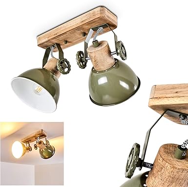 hofstein Plafondlamp Orny, metaal/houten plafondlamp in groen/wit/bruin, 2 lampen, met verstelbare spots, 2 x E27 fitting, retro/vintage design spot, zonder gloeilampen