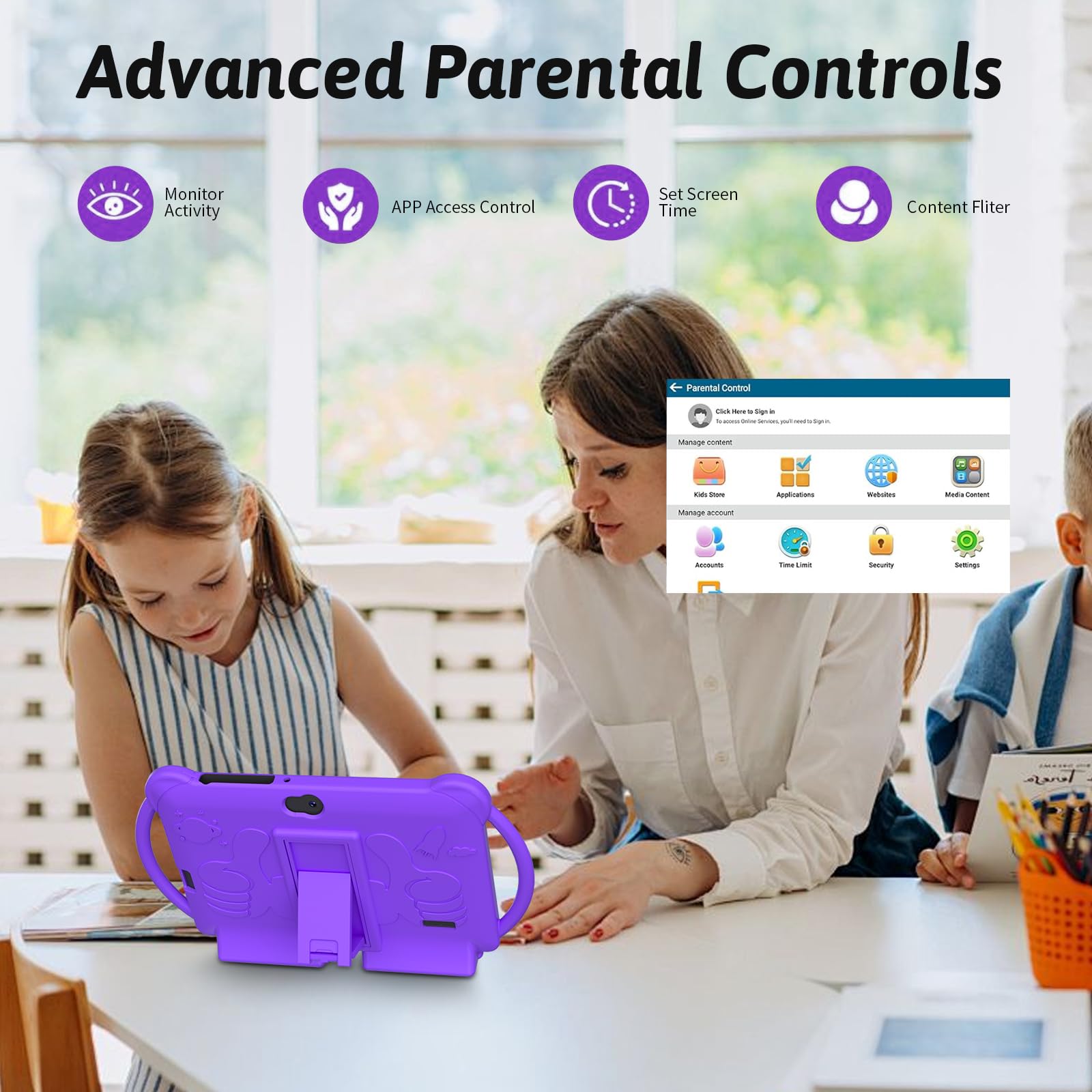 HOTTABLET Tablet per bambini 7" Android 12, 4 GB di RAM 32 GB ROM, 512 GB di espansione, con controllo genitori, WiFi, Bluetooth, doppia fotocamera con custodia in silicone, 1 pezzo (viola)