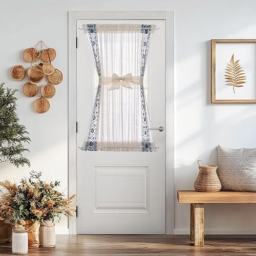 jinchan French Sheer Volie Door Curtain Embroidered Farmhouse Linen Curtain for Patio Door with Tie up Bows Light Filtering for Door Window Closet Rod Pocket 40 Inches 1 Panel Blue on Beige