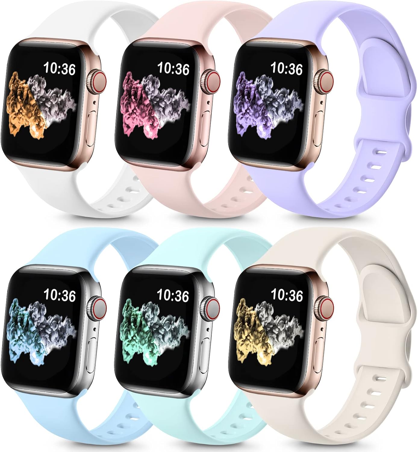6 Pack Bands Compatible with Apple Watch Band 38mm 40mm 41mm 42mm 44mm 45mm Men Women, Soft Silicone Sport Strap for iWatch Series 8 7 6 5 4 3 2 1 SE White/PinkSand/LightGreen/LightBlue/Lavender/Starlight : Cell Phones & Accessories