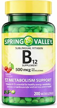 KP+ Spring Valley Vitamin B12 | B12 500 mcg Vitamin Supplement | Metabolism Support | Natural Cherry Flavor | 200 Microlozenges | Pack of 1