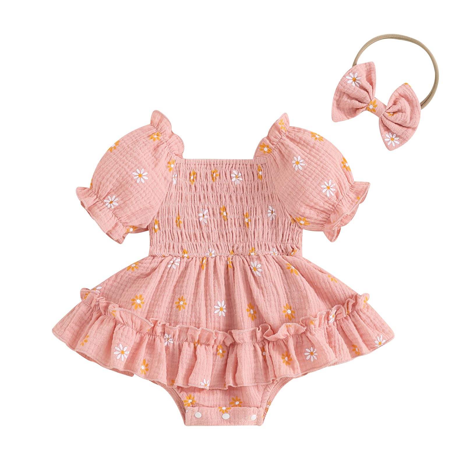 Baby Girls Daisy Romper Dress Short Sleeve Bodysuit Floral Jumpsuit with Headband Newborn Summer Outfit (Pink, 3-6 Months)