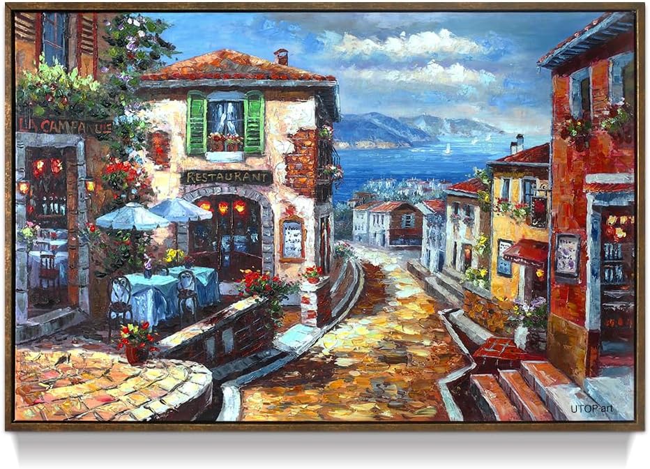 UTOP-art Italian Cityscape Abstract Wall Art Artwork: Mediterranean City italy Street Towns Picture Painting on Canvas for Paris Cafe Room (45 x 30)