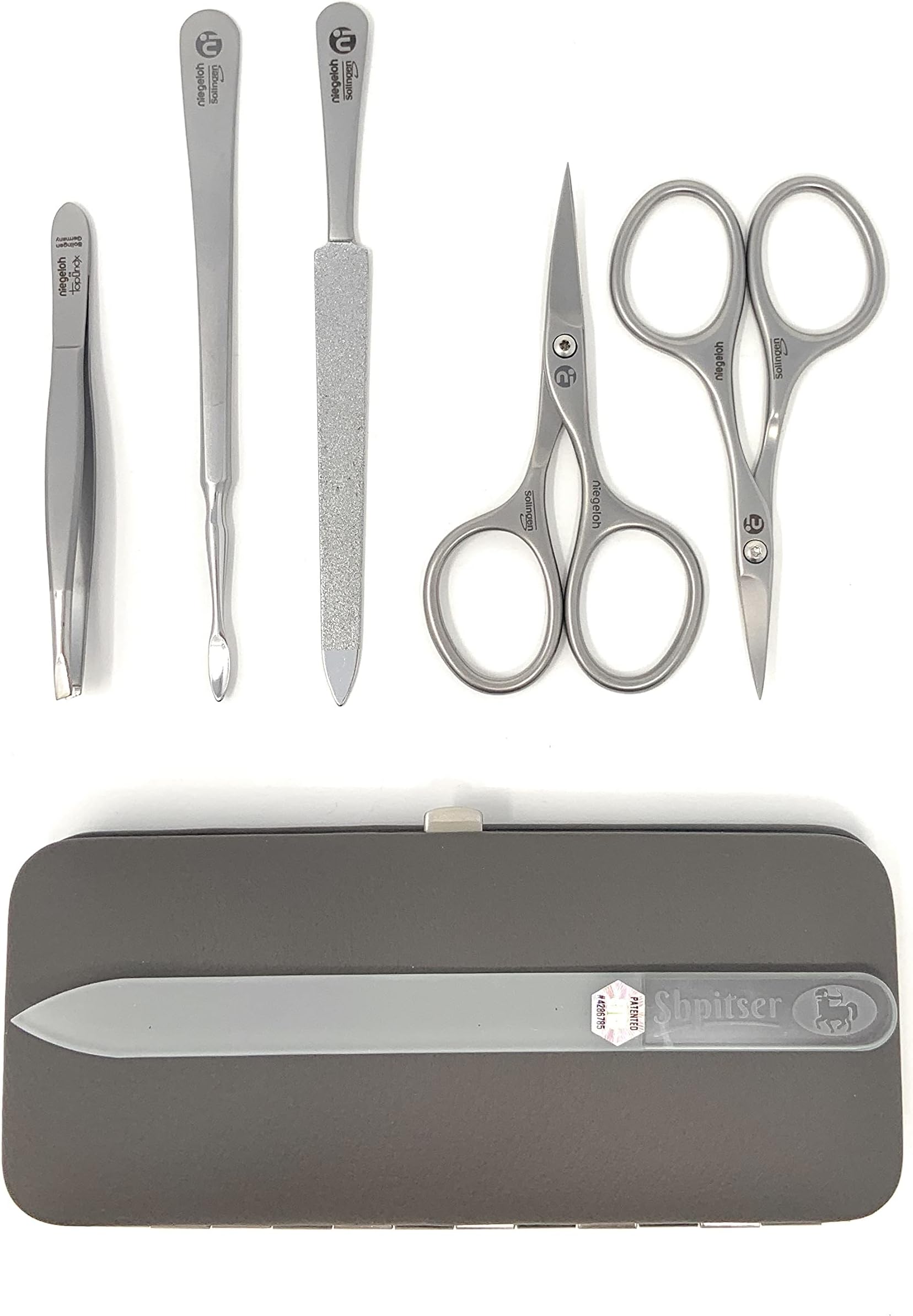 Solingen TopInox Surgical Stainless Steel Luxuries Manicure Set Grooming kit In Quality Nappa Leather Case Made in Germany Plus BONUS: SHPITSER Crystal Glass Nail File