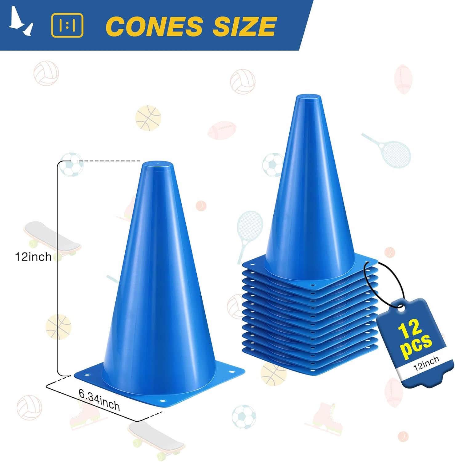 12 Inch Durable Cones,12pcs Versatile Plastic Traffic Cones and Soccer Cones for Sports Training,Agility Drills,Parking Safety,Basketball Training,Football Training.