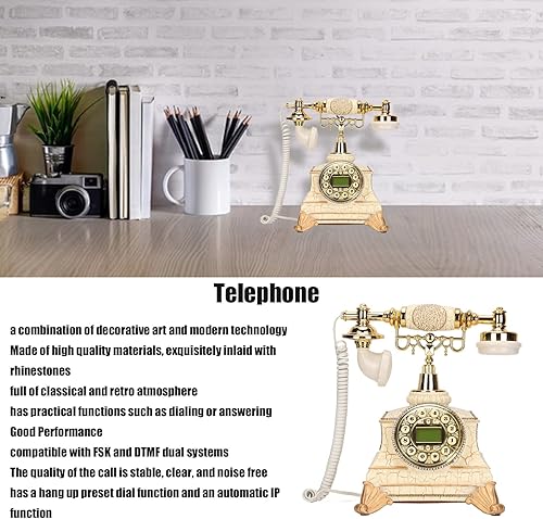 Miniatura 2 de Teléfono fijo retro, teléfono antiguo antiguo teléfono fijo con botón dial pantalla LCD, soporte DTMF, altavoz y función de redireccionamiento, para