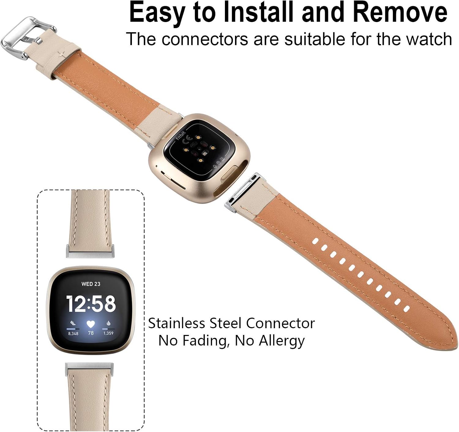 Maledan Leather Bands Compatible with Fitbit Versa 3/Fitbit Sense, Top Grain Genuine Thin Leather Replacement Accessories Wristband for Women Men, Beige
