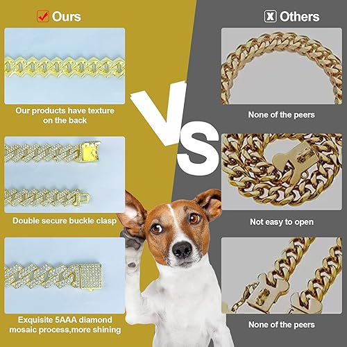 Miniatura 7 de Collar de cadena para perro, collar cubano de diamante con purpurina, collar de cadena de metal para caminar con diseño de hebilla segura para