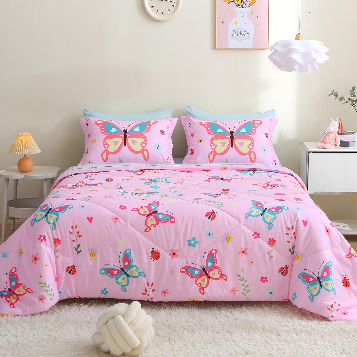 Girls Butterfly Comforter Set Queen Size 7 Piece Bed in A Bag Colorful Pink Flowers Leaves Bedding Set for Kids Teens Super Soft All Season - Image 3