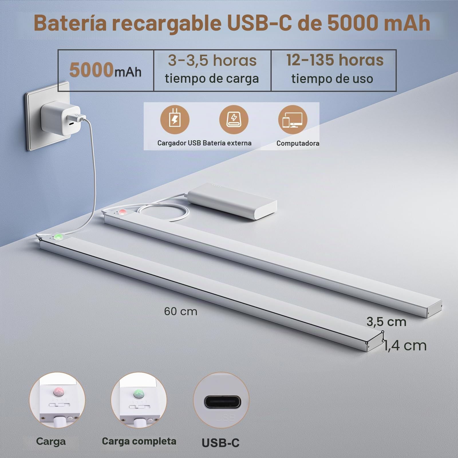 OUILA - Lámpara de armario led recargable de 60 cm, regulable, para interior, inalámbrica, con sensor de movimiento, luz de 3000K/4000K/6500K, para armarios, pasillos, escaleras y cocinas