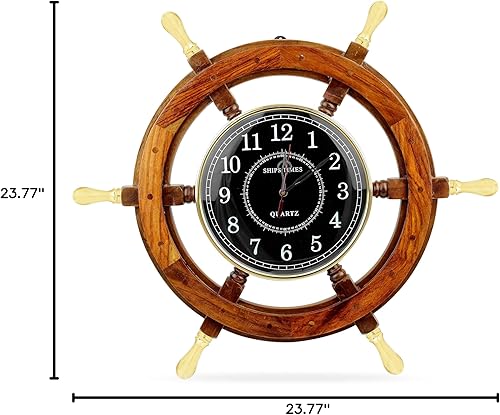 Miniatura 3 de Nagina International Reloj de madera de 24 pulgadas, volante de barco con mango de latón, esfera negra  Decoración y decoraciones para el hogar