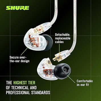 Shure SE535 PRO Professional Sound Isolating Earphones - Triple High-Definition Drivers, Detachable Cable, Secure Over-Ear Fit & in-Ear Headphones, Clear | Triple HD Drivers, Sound Isolating Up to 37 Db, Detachable Mmcx Cable, Over-Ear Fit, Case and 1/4 Adapter