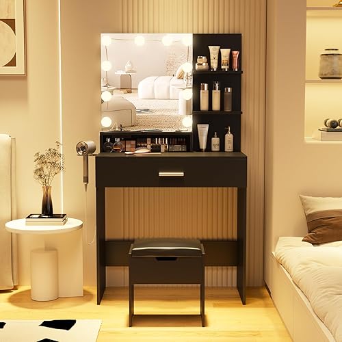 Miniatura 4 de Fameill Mesa de tocador de maquillaje con espejo iluminado y estación de carga, juego de tocador negro con 3 modos de iluminación, brillo ajustable,
