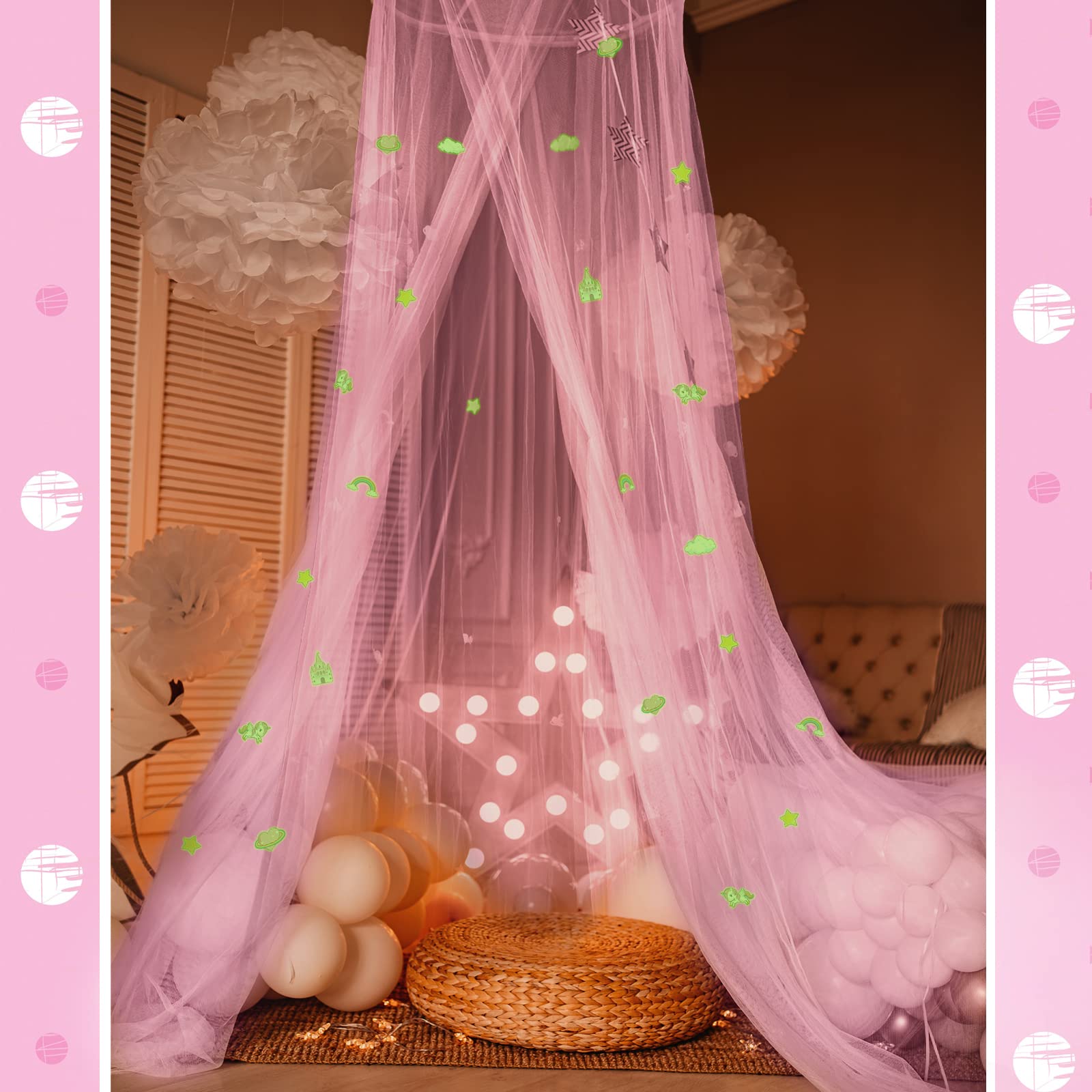 Toldo de cama con estrellas que brillan en la oscuridad, decoración de habitación de unicornio para niñas, color rosa, para cuna, mosquitero fluorescente para colgar 5