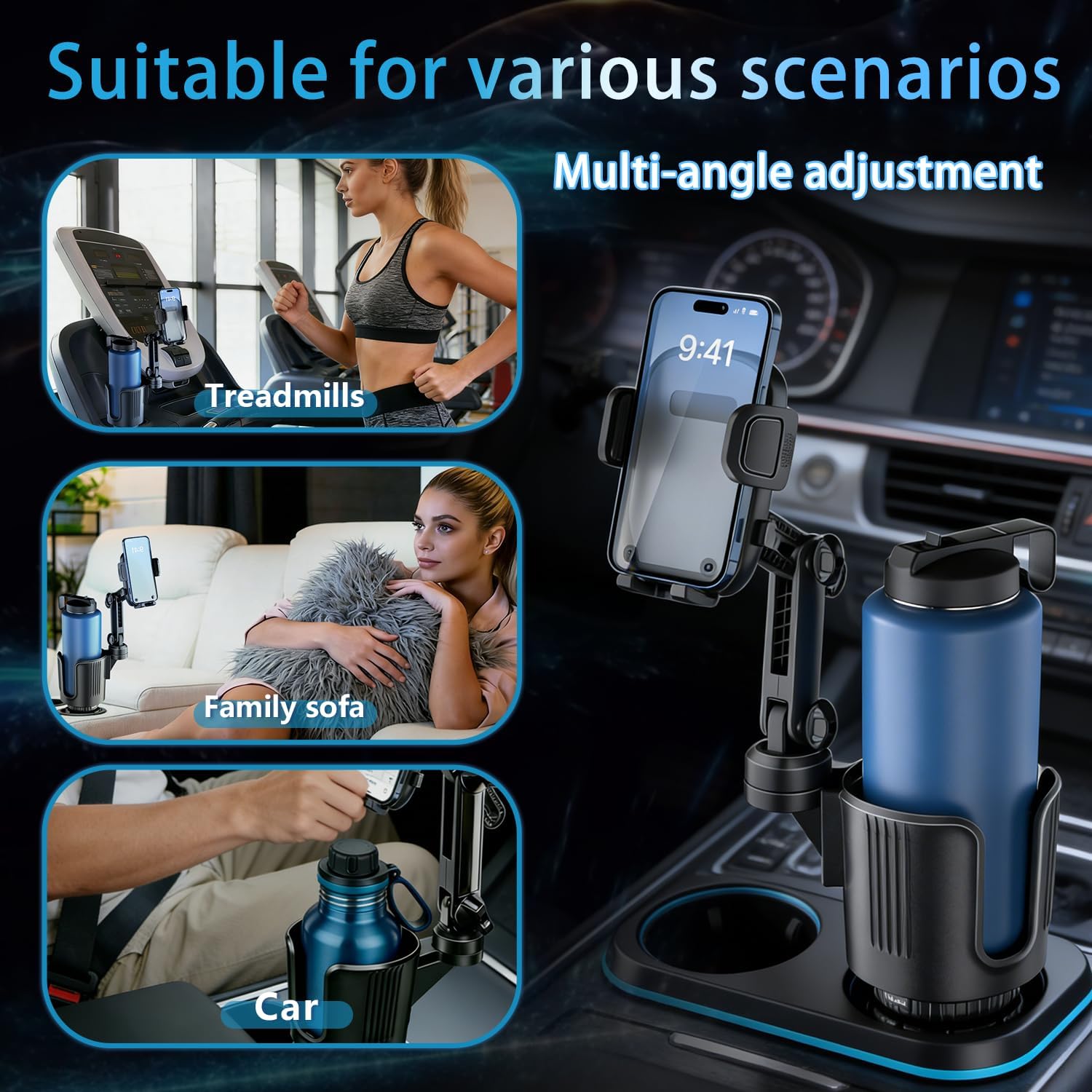 2 in 1 Phone Holders for Your Car, 360°Rotation Car Phone Holder Phone Mount for Car with Expandable Base Car Cup Holder Phone Holder Phone Mount Extendable Long Arm for All Smartphone