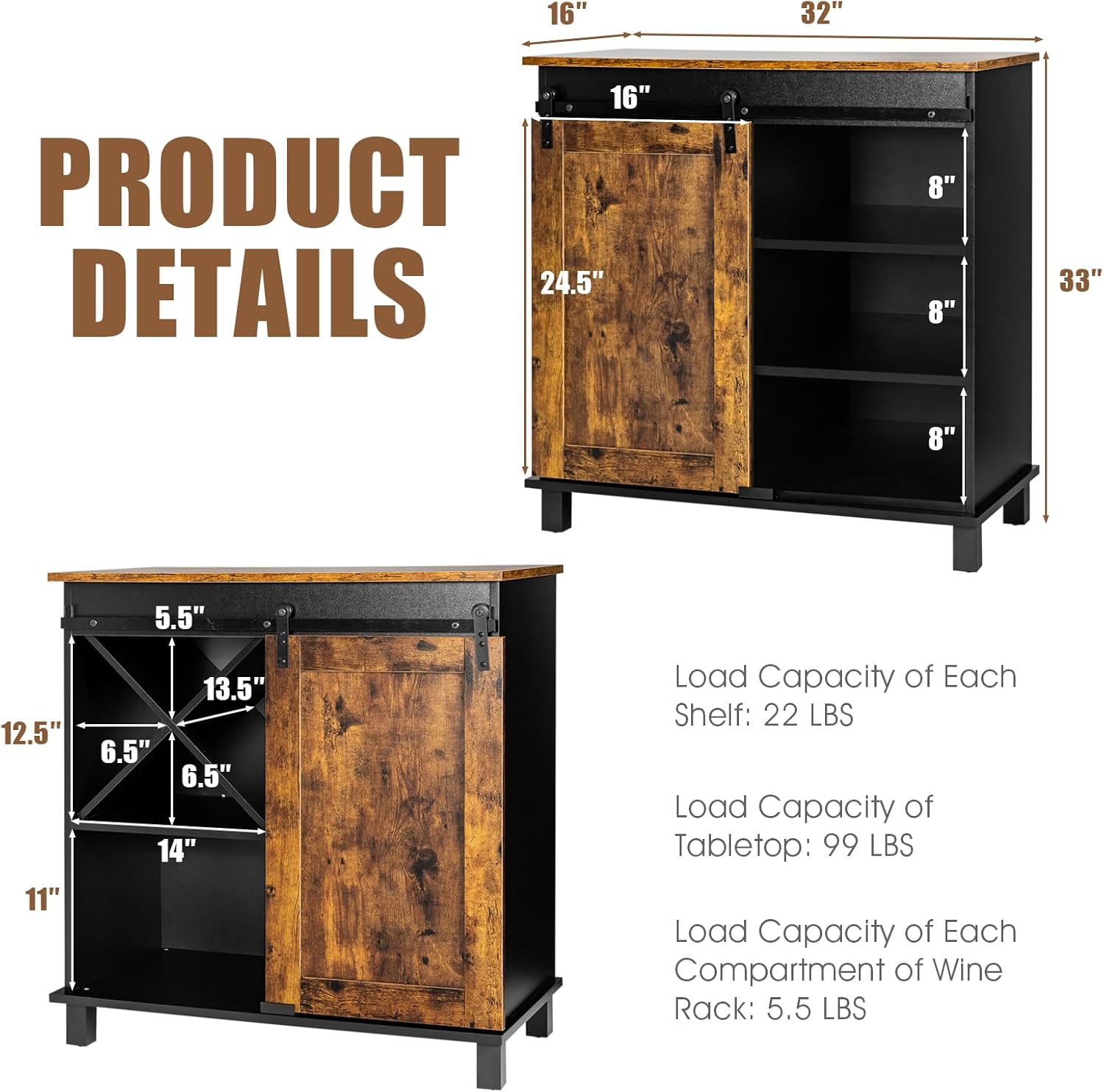 LOKO Industrial Wine Cabinet, Stylish Coffee Bar Cabinet with Sliding Barn Door, Kitchen Sideboard Buffet Storage Cabinet with Wine Rack, 32 x 16 x 33 inches