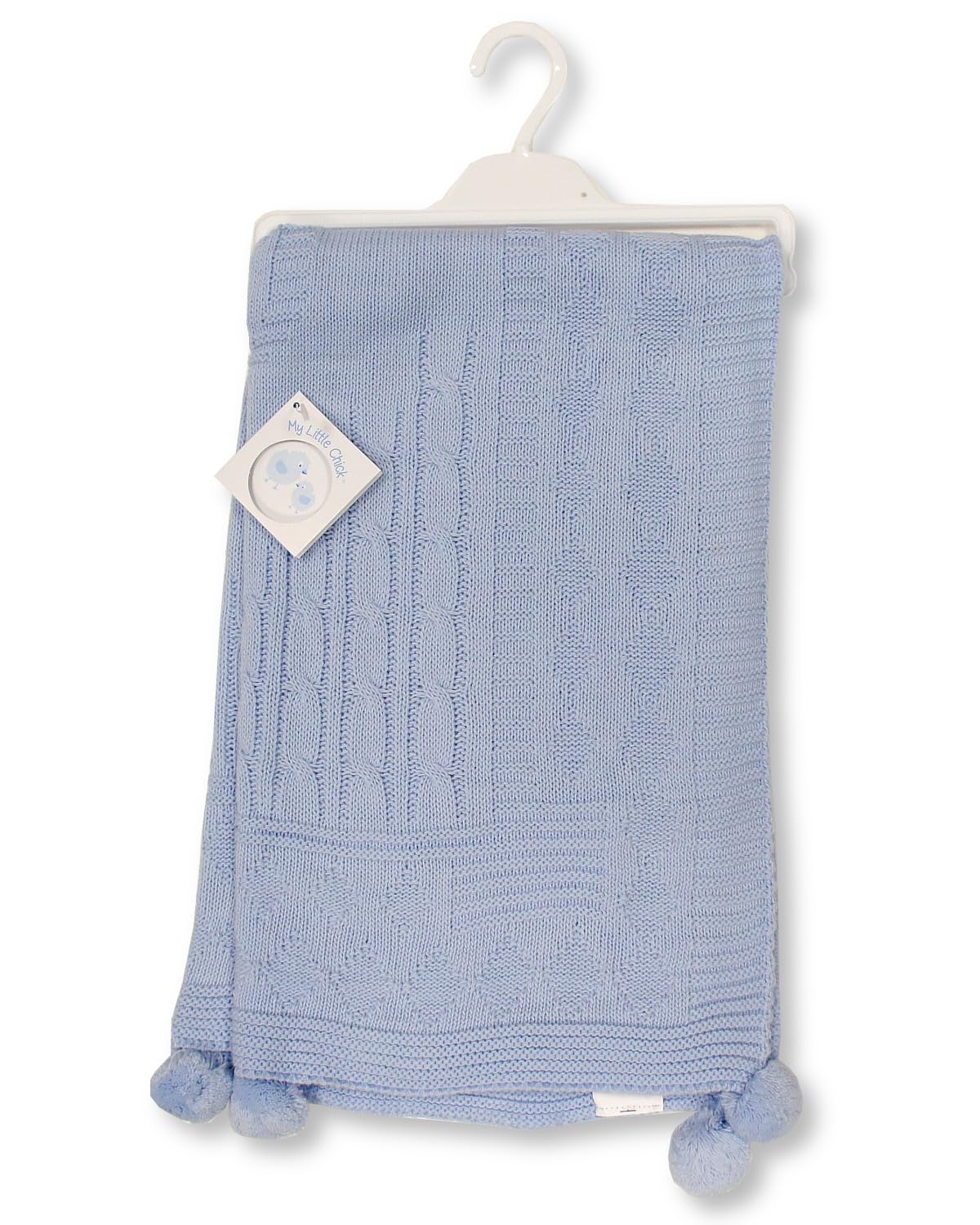 My Little Chick Knitted Baby Wrap Blanket with Pointelle Pattern and Pom-Poms (Sky) - Image 2