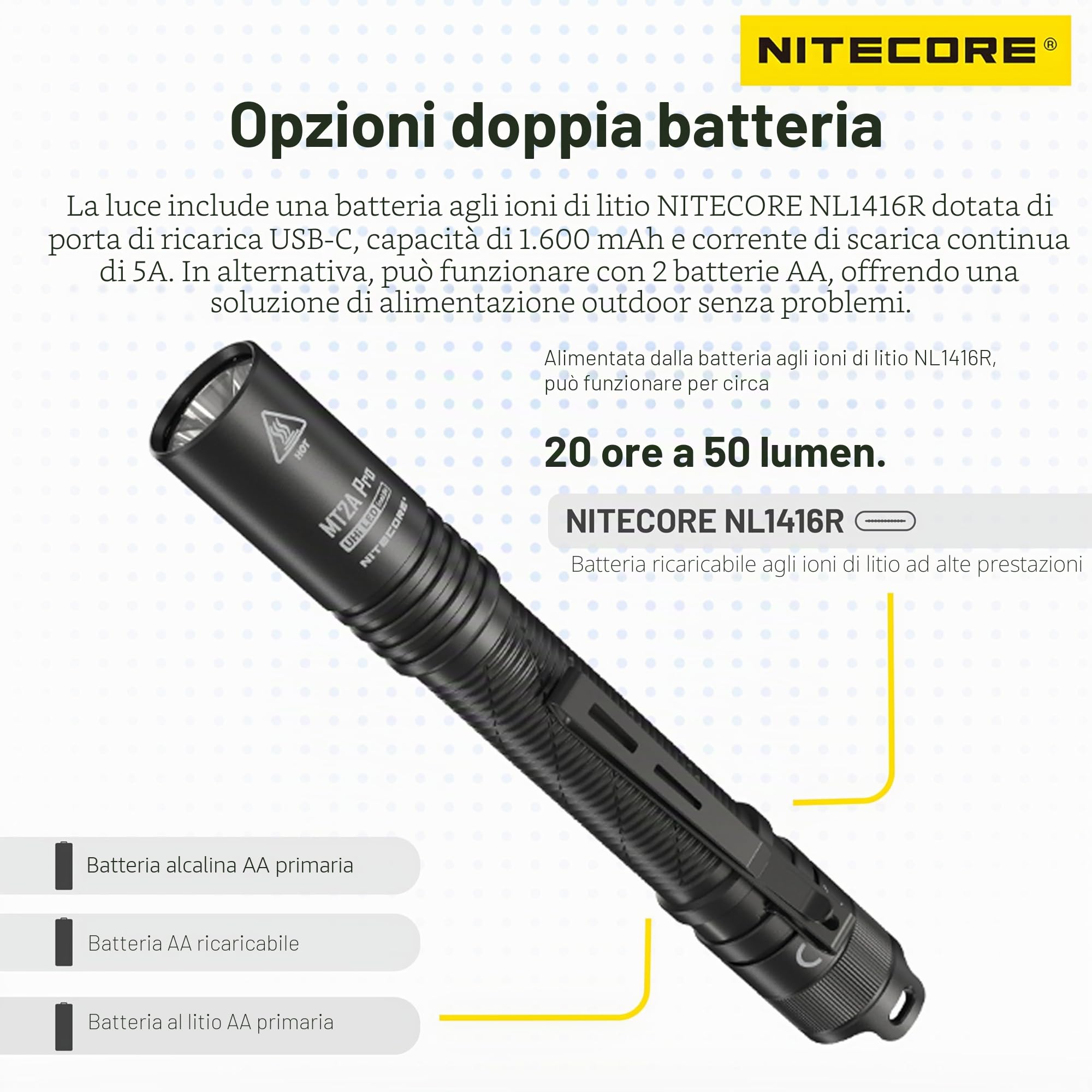 Torcia Nitecore MT2A Pro, Ricaricabile, 1000 Lumen, Alta Prestazione, Batteria AA