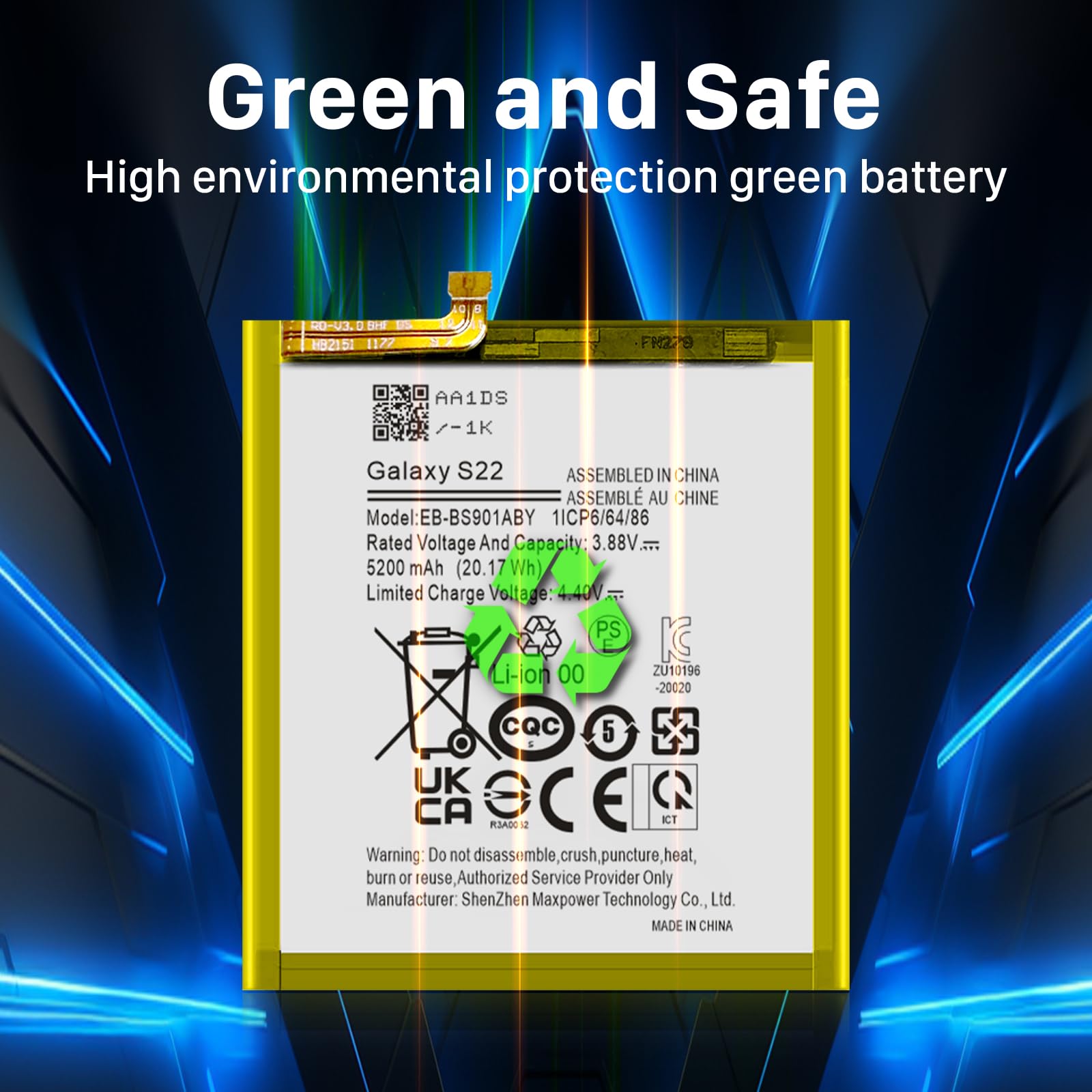 Batteria di ricambio per Galaxy S22, 5200 mAh EB-BS901ABY per S22 5G SM-S901 S901B S901E S901F S901N S901U S901W S9010 con kit di attrezzi di riparazione