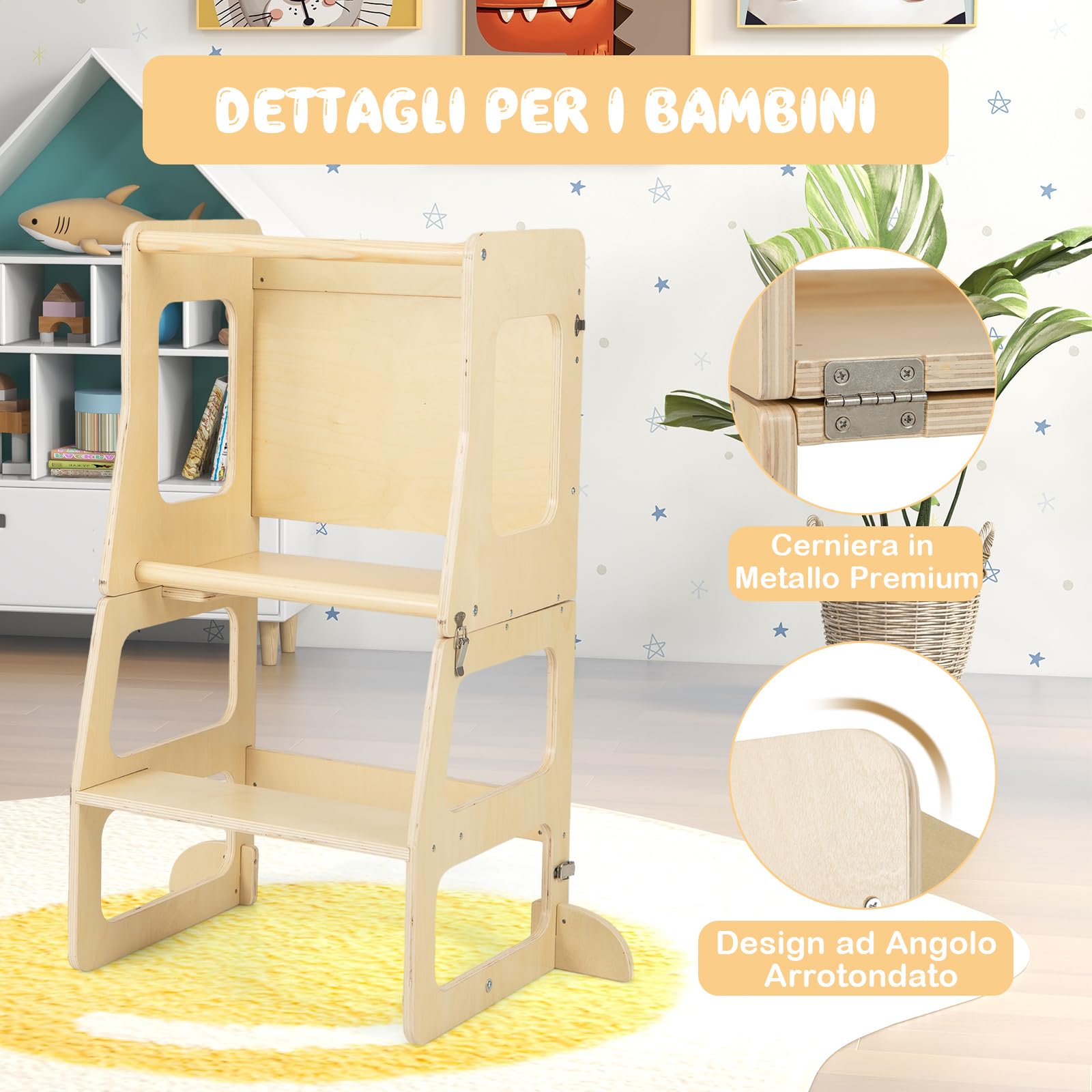 RELAX4LIFE 3 in 1 Torre Montessoriana per Bambini, Torre di Apprendimento Pieghevole, Learning Tower con Lavagna, Convertibile in Tavolo+Sedia per Bambini 3+ Anni