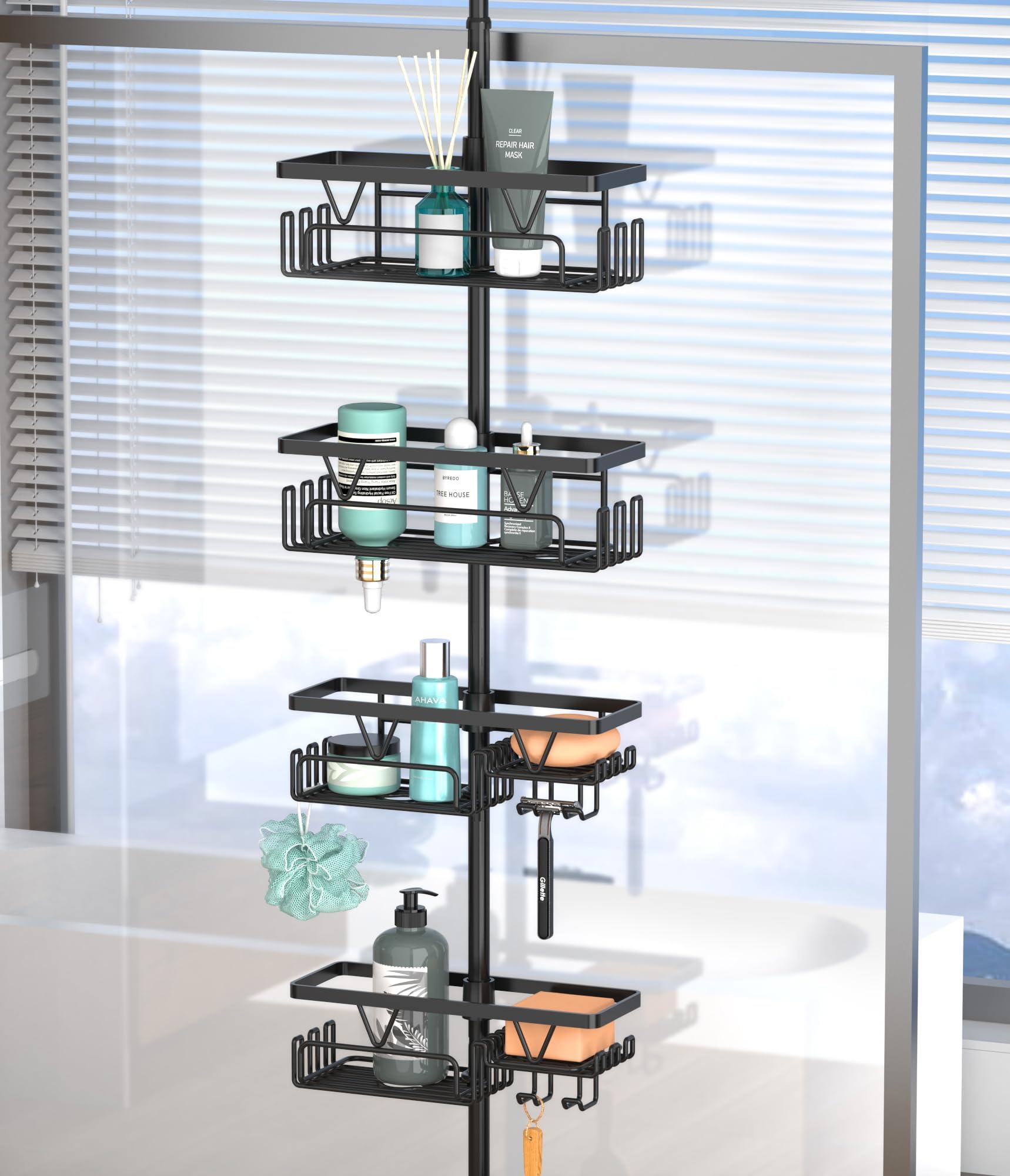 Kegii Shower Shelf No Drilling – Telescopic Shelf Bathroom Shower Holder, Height-Adjustable Floor-Standing Shower Shelf, 4 Baskets, Black