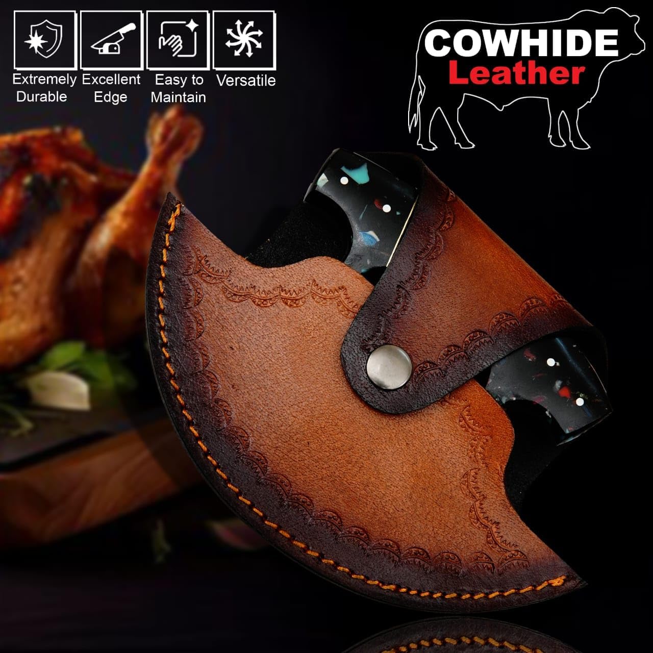 Custom Handmade Damascus Steel Ulu Knife with Leather Sheath – Alaskan Style Rocker Knife for Pizza Cutting, Skinning, Chopping, Mincing & Slicing