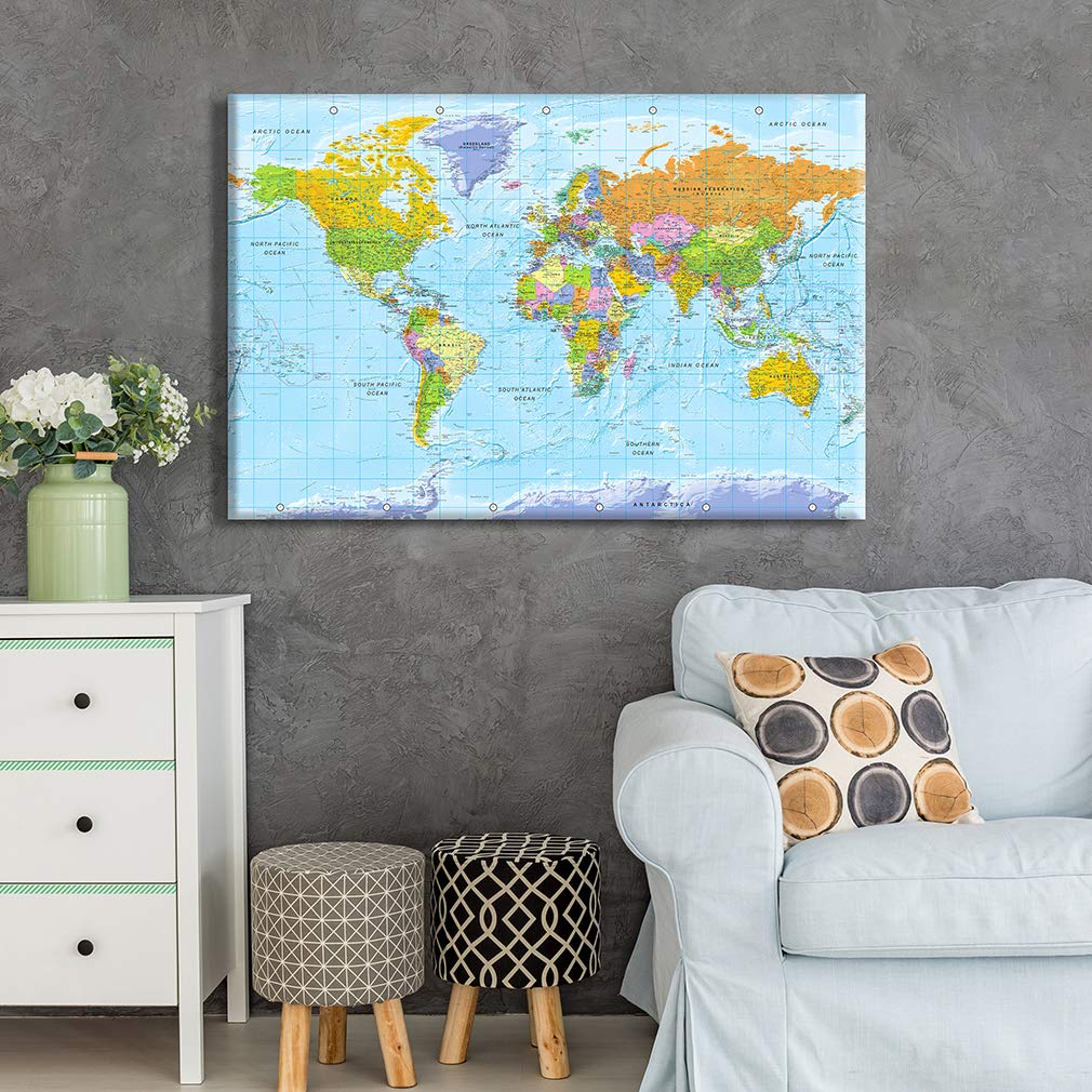 decomonkey Mapa mundi chinchetas político Planisferio inglés 120x80 cm | 50 chinchetas, tablero de lienzo, tablero de fibra, decoración de pared para salón y despacho, para marcar viajes, diseño 1