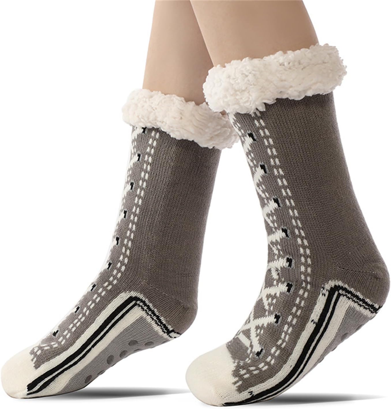 Ankle Socks, Thick Fleece Lined Slipper Socks with Funny Sneaker Pattern for Women Nonslip Grippers Home Sock