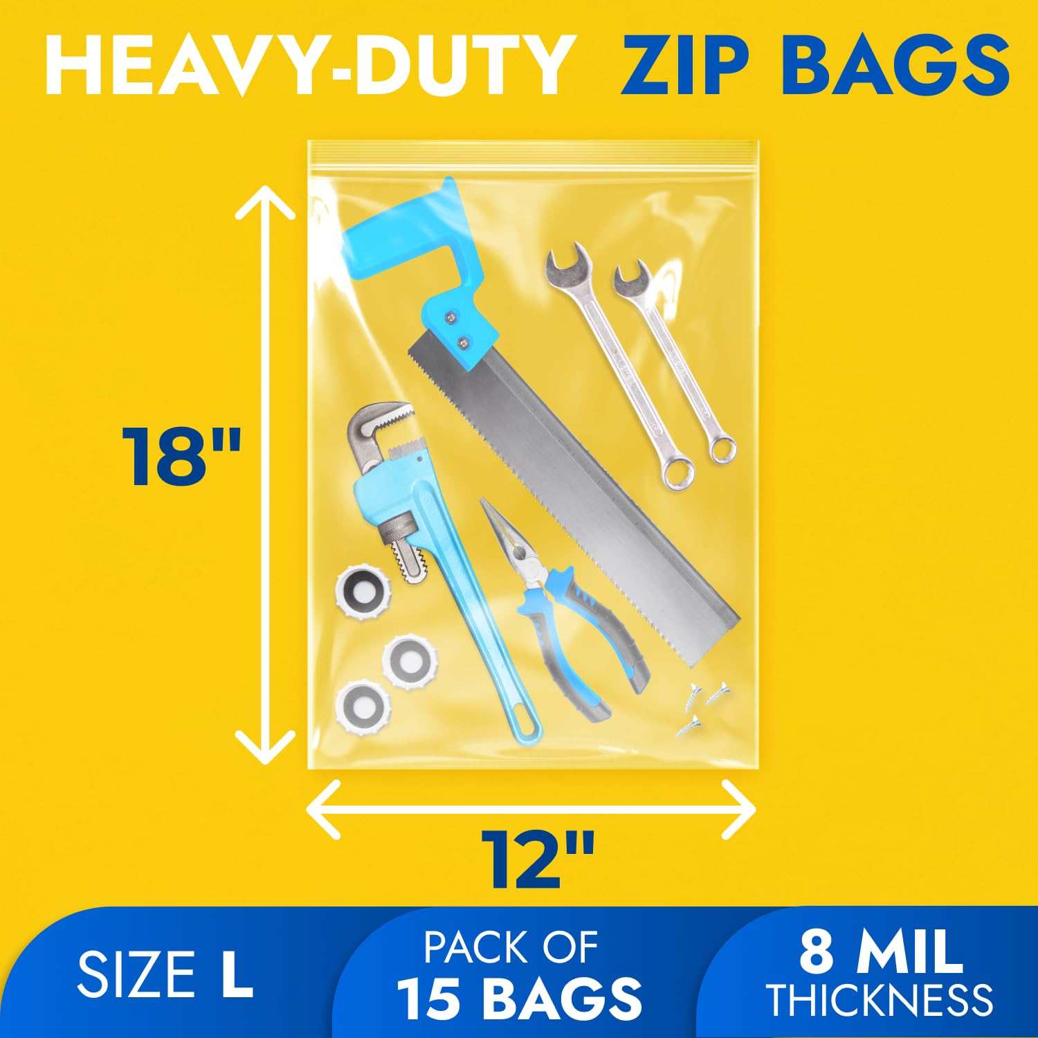 12" x 18" Heavy-Duty Zip Plastic Bags Pack of 15, 8 Mil Extra Thick Clear Reclosable Poly Bags, Waterproof Resealable for Clothes, Hardware, Tools, Food
