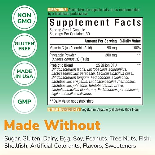 Miniatura 5 de Piña + probiótico, 300 mg, 25 mil millones de UFC, 13 cepas, vitamina C natural, potentes antioxidantes, para inmunidad, vaginal, salud intestinal,