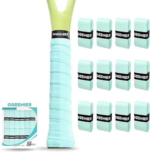OGEENIER Cinta de agarre para raqueta de tenis, paquete de 12, absorbente y antideslizante, cinta de agarre suave precortada para pala de