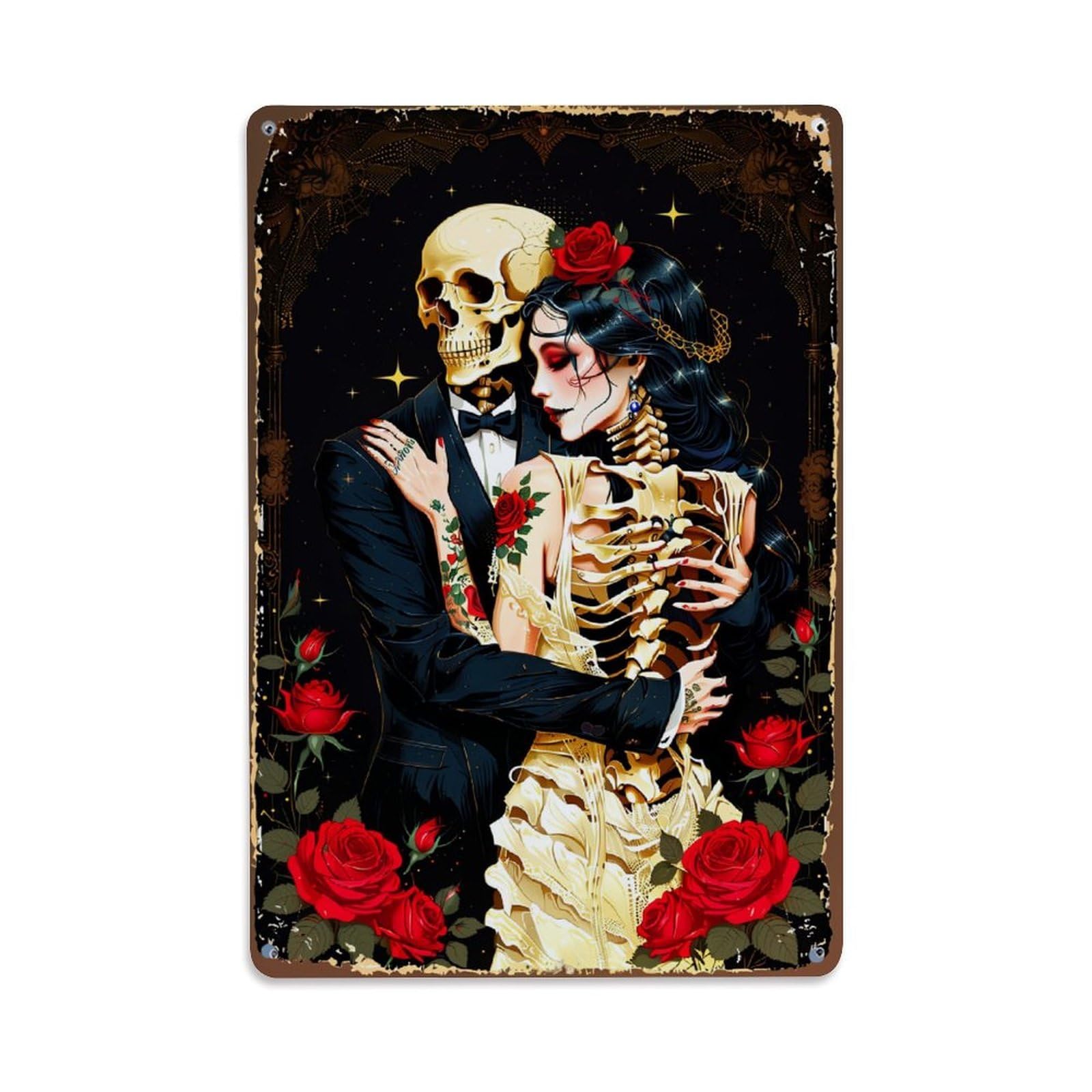 Jdfenggu Vintage Skull And Rose Romance Pattern Retro Metal Tin Sign, Decor Art Poster For Bar, Home, Man Cave, Kitchen, Laundry Room Gift 8X12inch
