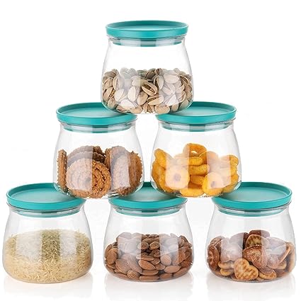 AZZOTE New Airtight Plastic Container Jar Set For Kitchen - 900ml Set Of 6, Made In India (Aqua Green)
