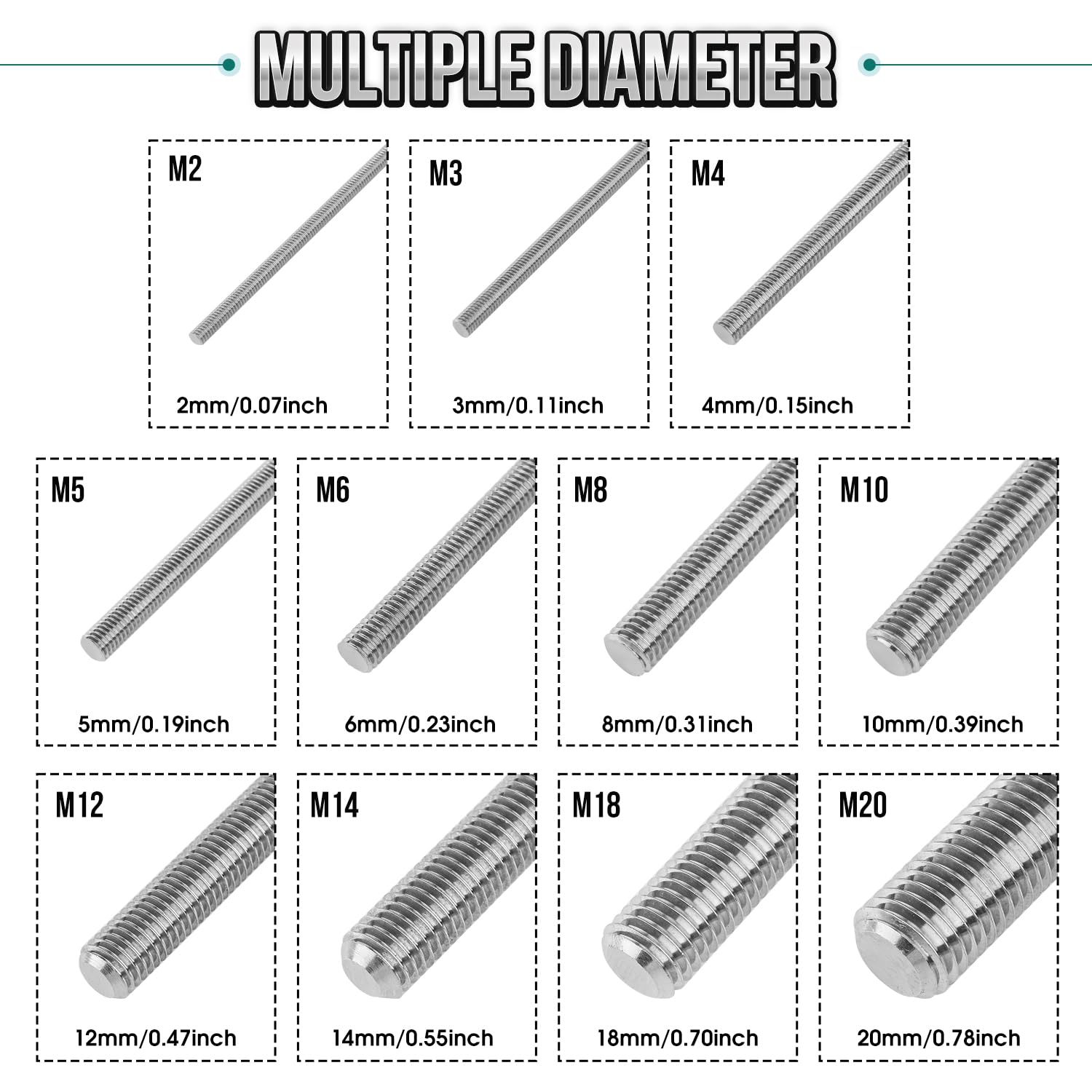 5Pcs Fully Threaded Rod & Studs, M2 x 50mm Long Threaded Screw, 0.4mm Thread Pitch, 304 Stainless Steel Right Hand Thread Bar Studs for Furniture Machinery Assembly