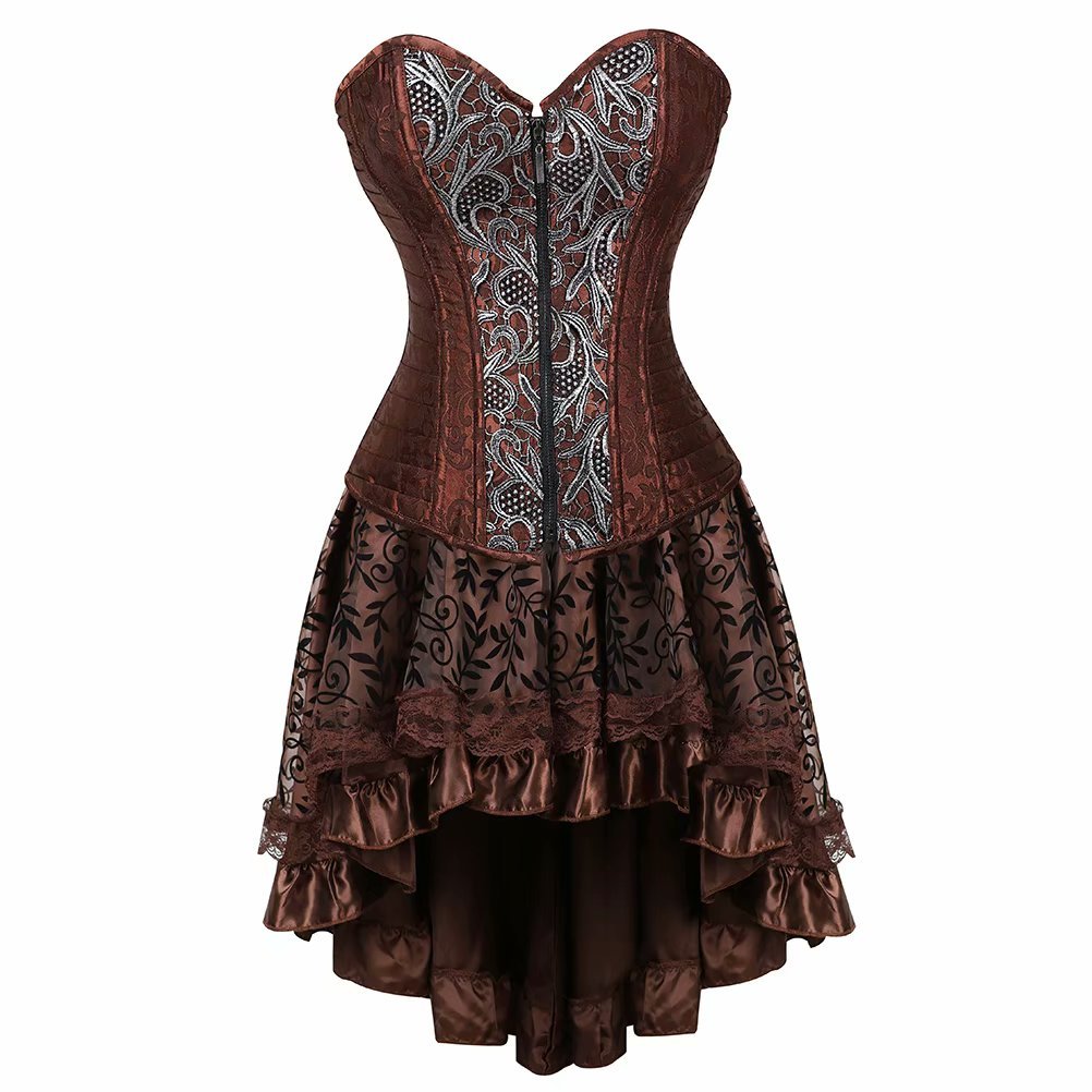 jutrisujo Women's Bustier Corsets and Steampunk Basque Dress with Skirt Gothic Boned Vintage Pirate Costume Halloween Brown 4XL