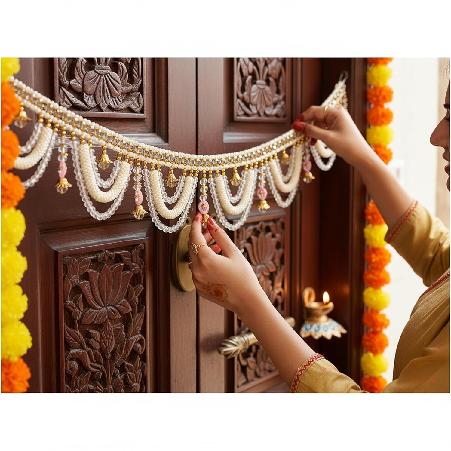 Decorative Toran Bandhanwar, Gold and White, Pearl Beads with Hanging Tassels, Door Festive Decor, 3 Feet and 4 Feet (4-Feet, HHH-43)-image-1