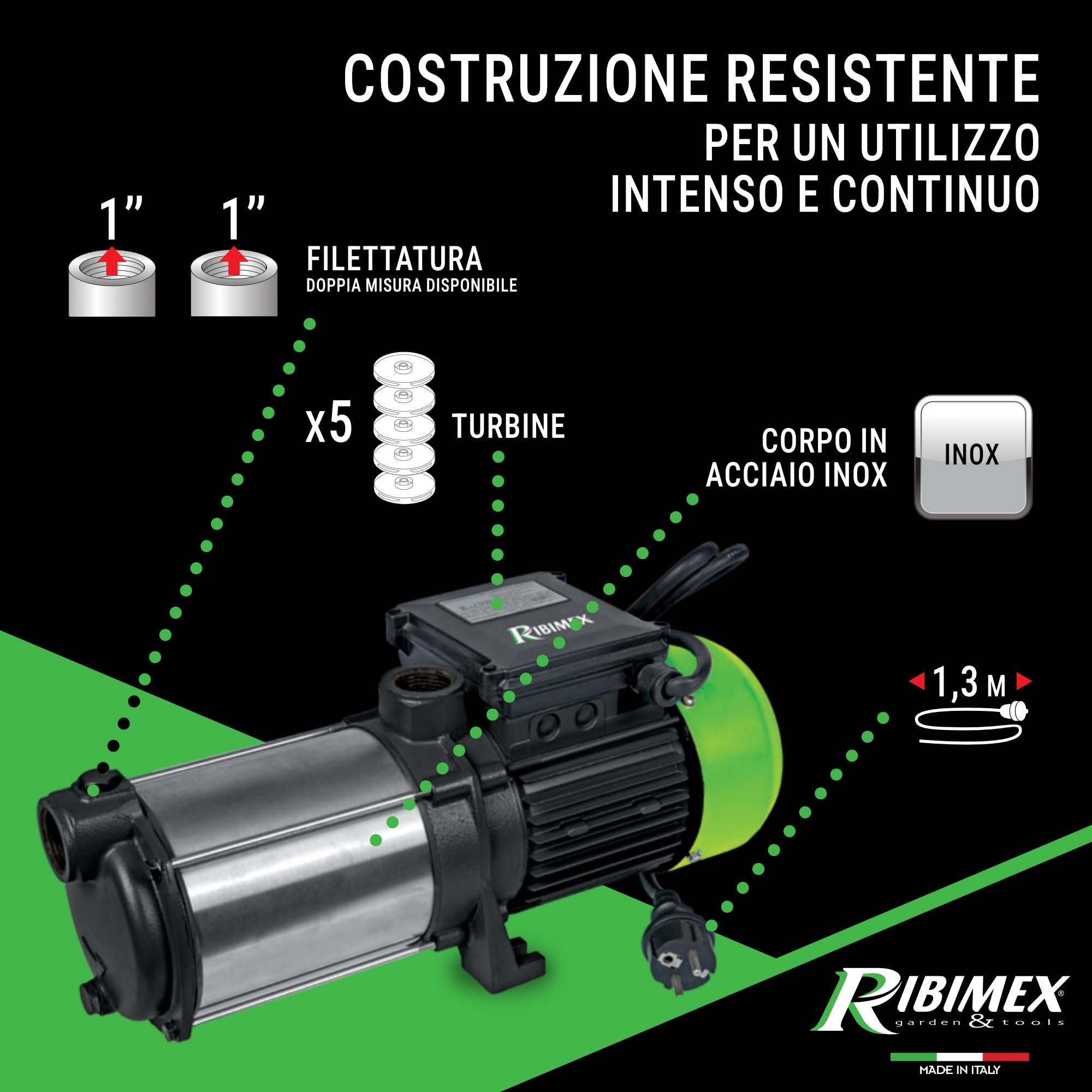 Ribimex Pompa di Superficie Autoadescante Multicellulare 5 Turbine, 1450 W, Portata 5400 L/h, Prevalenza 55 m, Aspirazione Fino a 7 m, Corpo in Inox, Ideale per Pressurizzazione e Irrigazione - PRMCA5