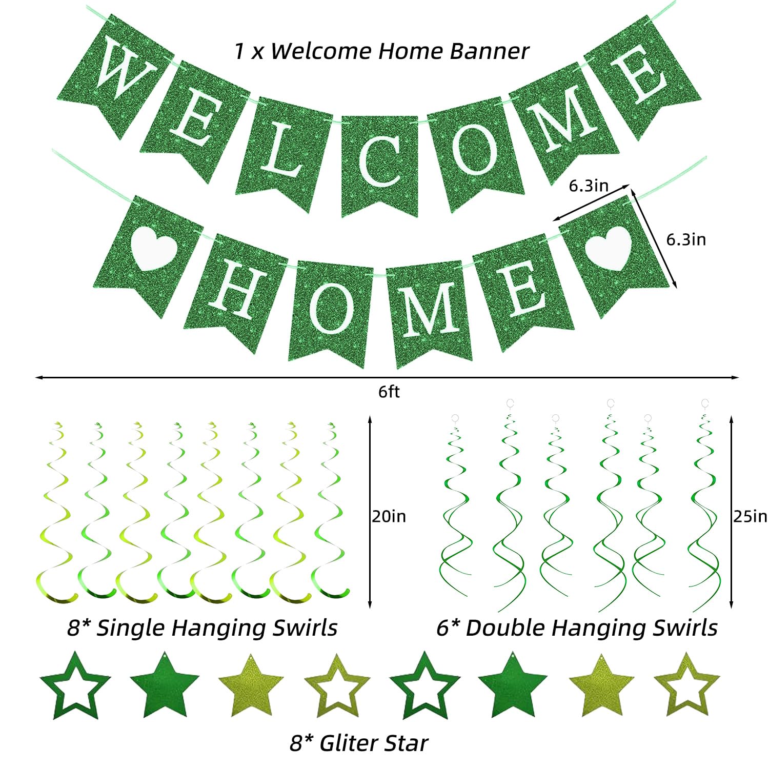 Welcome Home Decorations Green Glitter Bunting Banner Hanging Swirls with Star for Homecoming Housewarming Reunion Military Deployment Return Baby Shower Family Party Supplies - Image 2