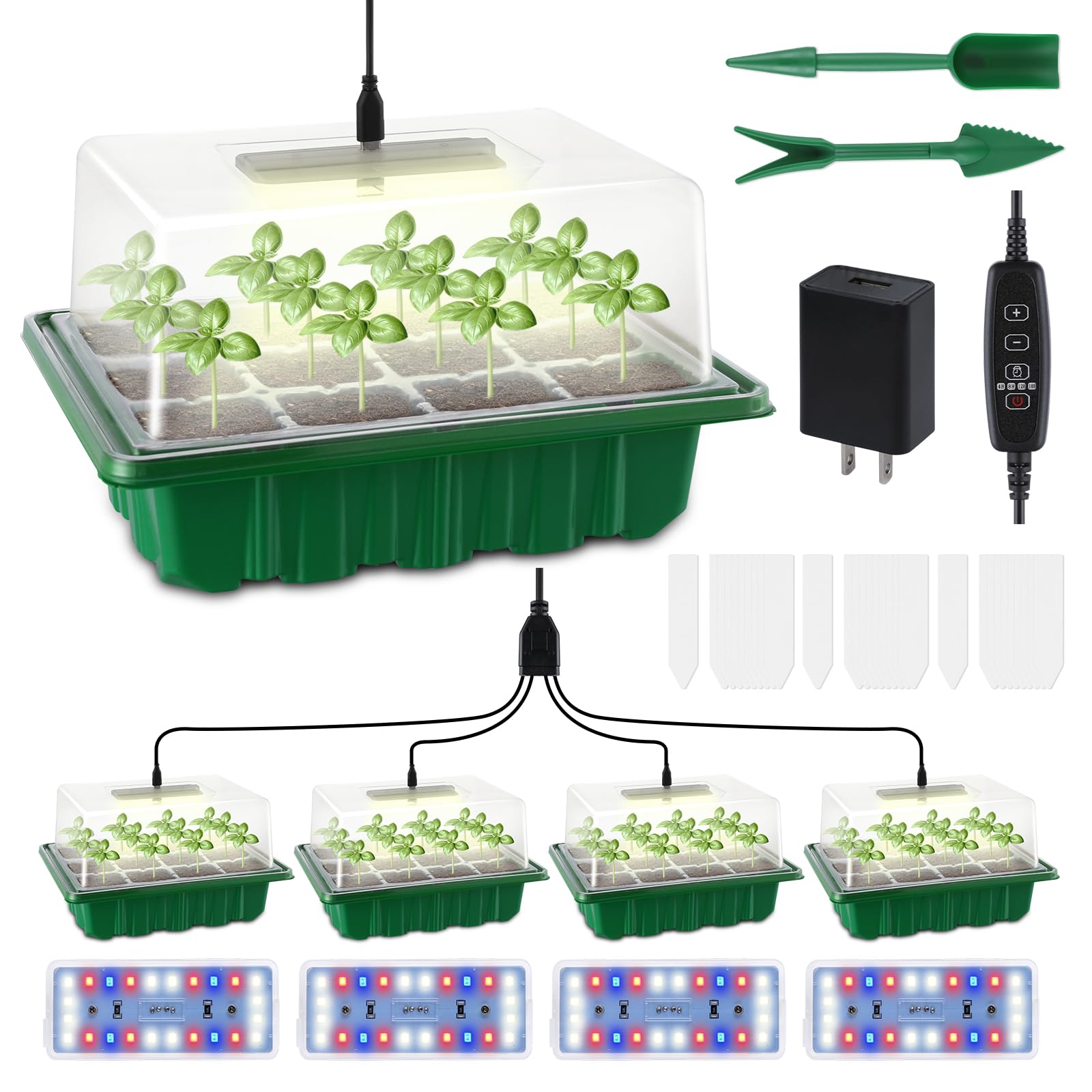4 Packs Medium Seed Starter Tray, Adjustable Brightness and Timer, Upgraded 24 Full Spectrum LEDs, Seed Starter Kit with Drainage Holes, Tools and Labels for Indoor Plant Growing