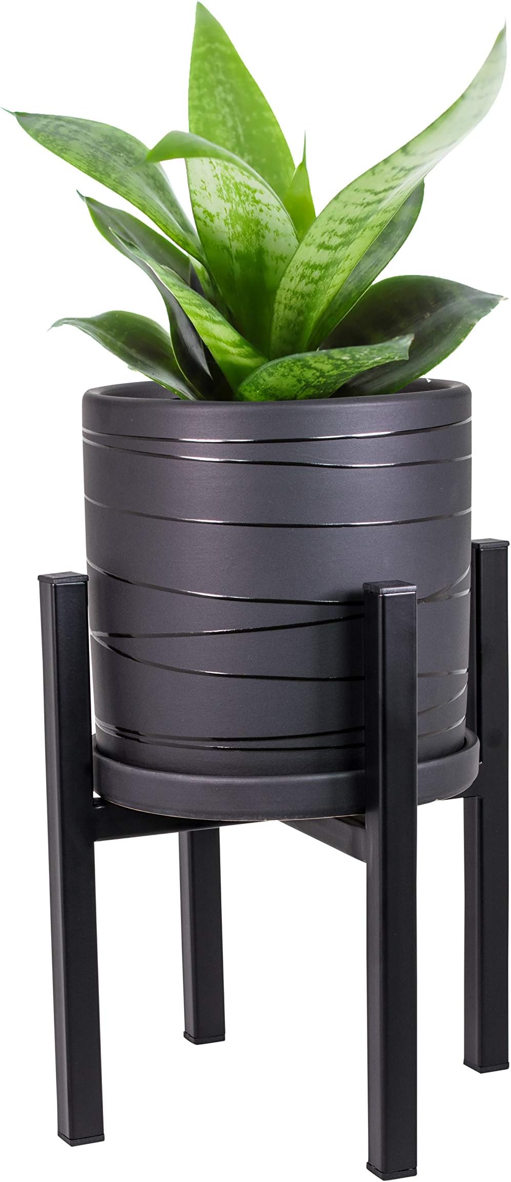 Mid Century Plant Stand and Pot Planter with Drainage – 2 in 1 Metal Plant Stand with 8 inch Modern Ceramic Planter Included – Black Ceramic Planter (Black)